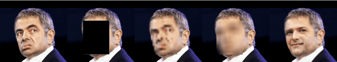 Figure 2: Anonymization methods applied to a picture of Rowan Atkinson, https://arxiv.org/pdf/1909.04538.pdf