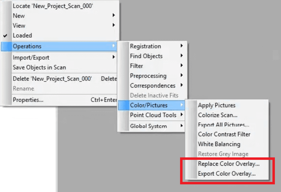 Context menu flow to export and import color overlays for blurring in FARO SCENE