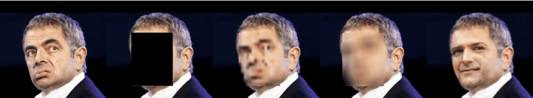 Abbildung 2: Anonymisierungsmethoden angewandt auf ein Bild von Rowan Atkinson, https://arxiv.org/pdf/1909.04538.pdf