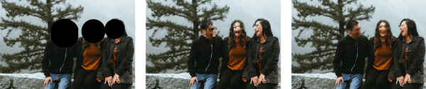 Figure 2: Anonymization methods. Solid colour (left), pixelation (centre) and blurring (right). Image source: Unsplash
